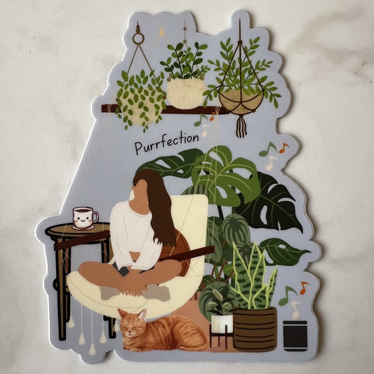 girl in a greenhouse with cat plants coffee peace zen sticker