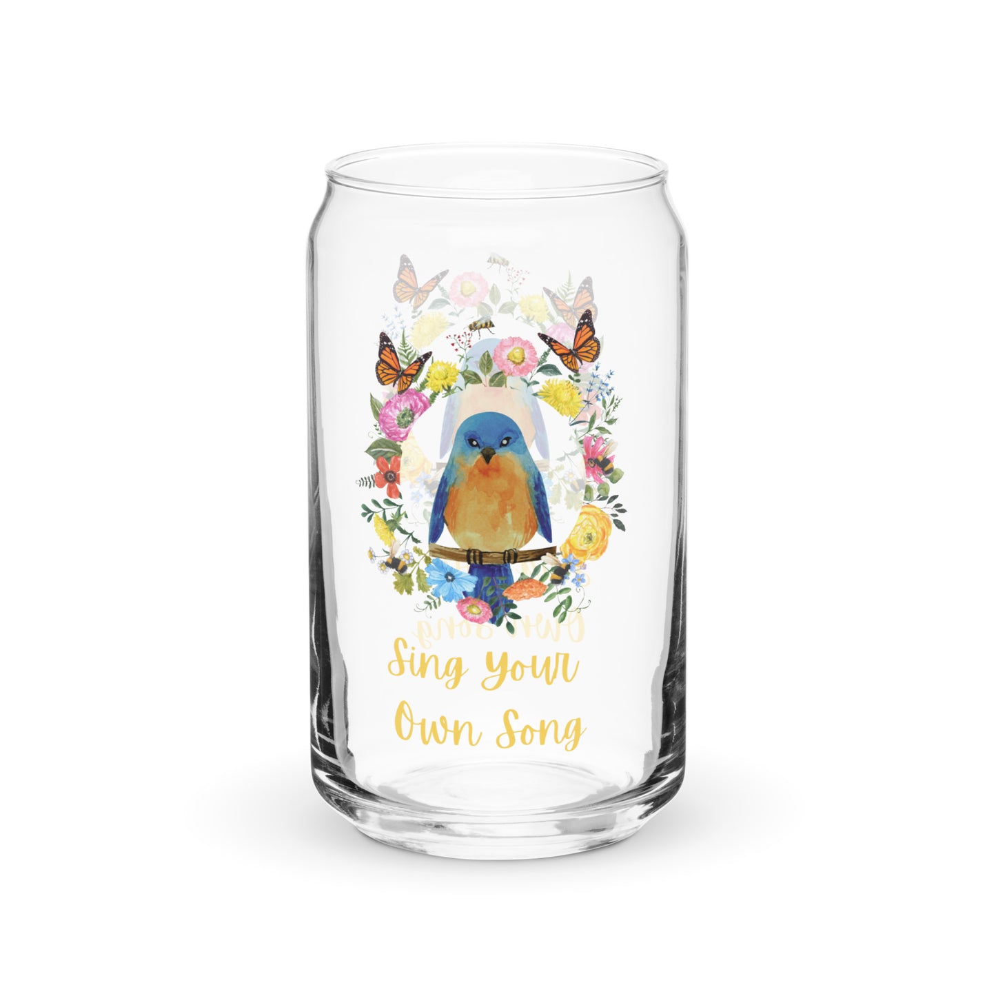 Bluebird Floral Can shaped glass