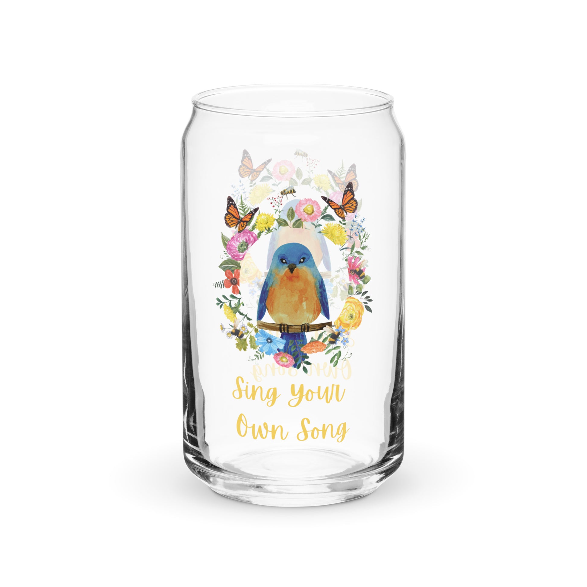 Bluebird Floral Can shaped glass