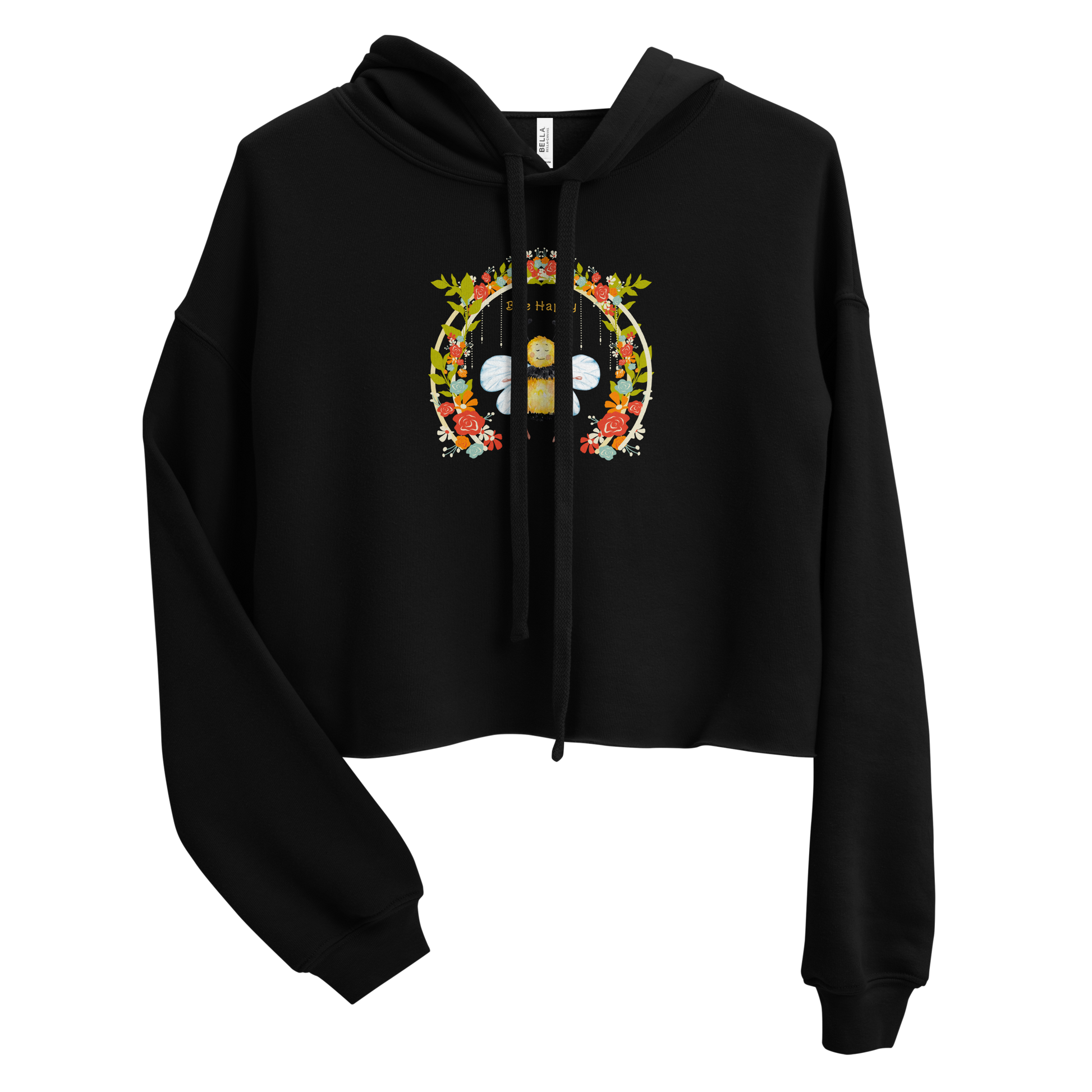 Women's Bee Happy Black Crop Hoodie