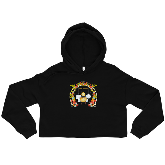 Women's Bee Happy Black Crop Hoodie