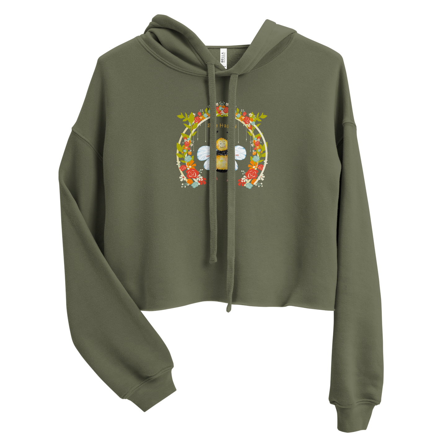 Women's Bee Happy military Green Crop Hoodie