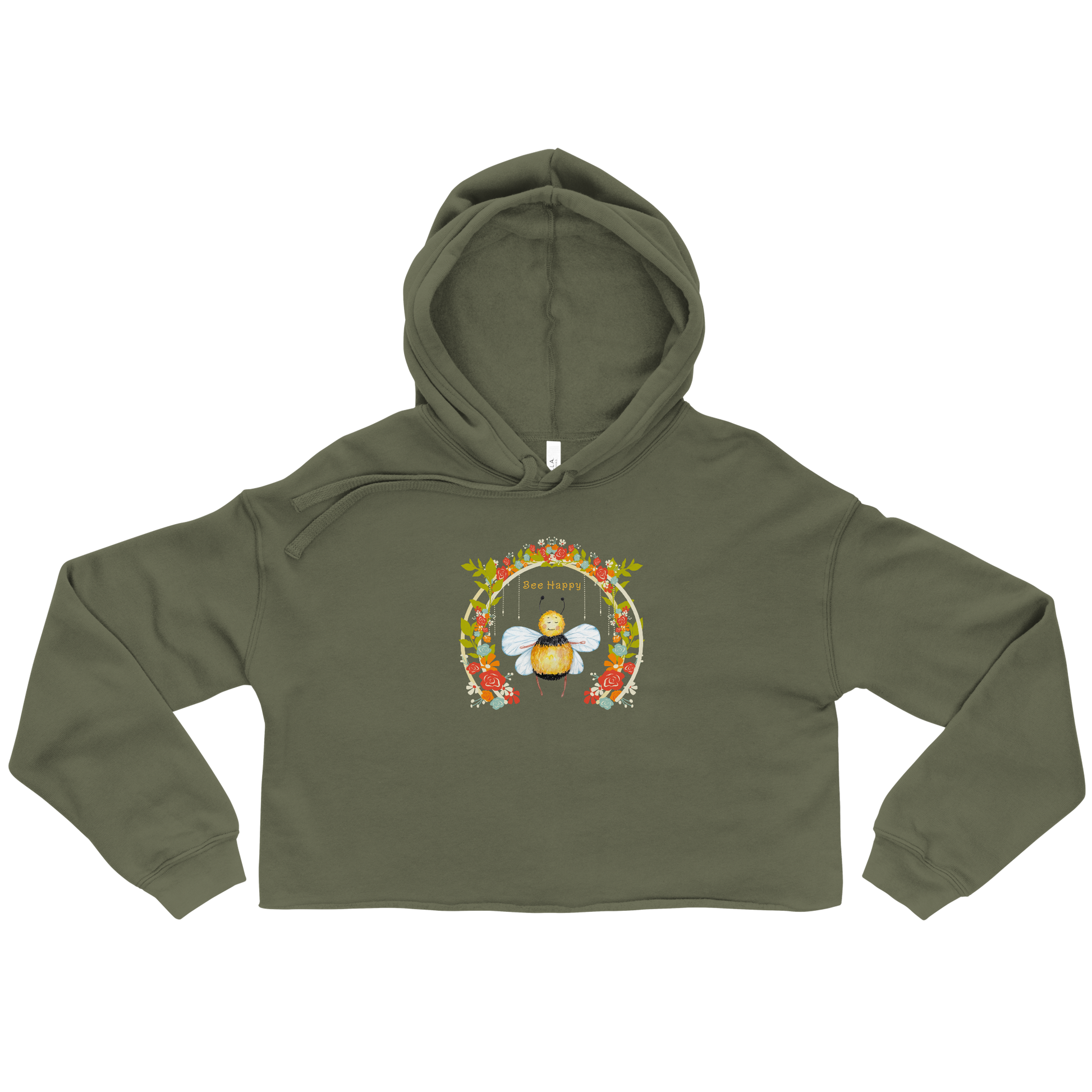 Women's Bee Happy military green Crop Hoodie