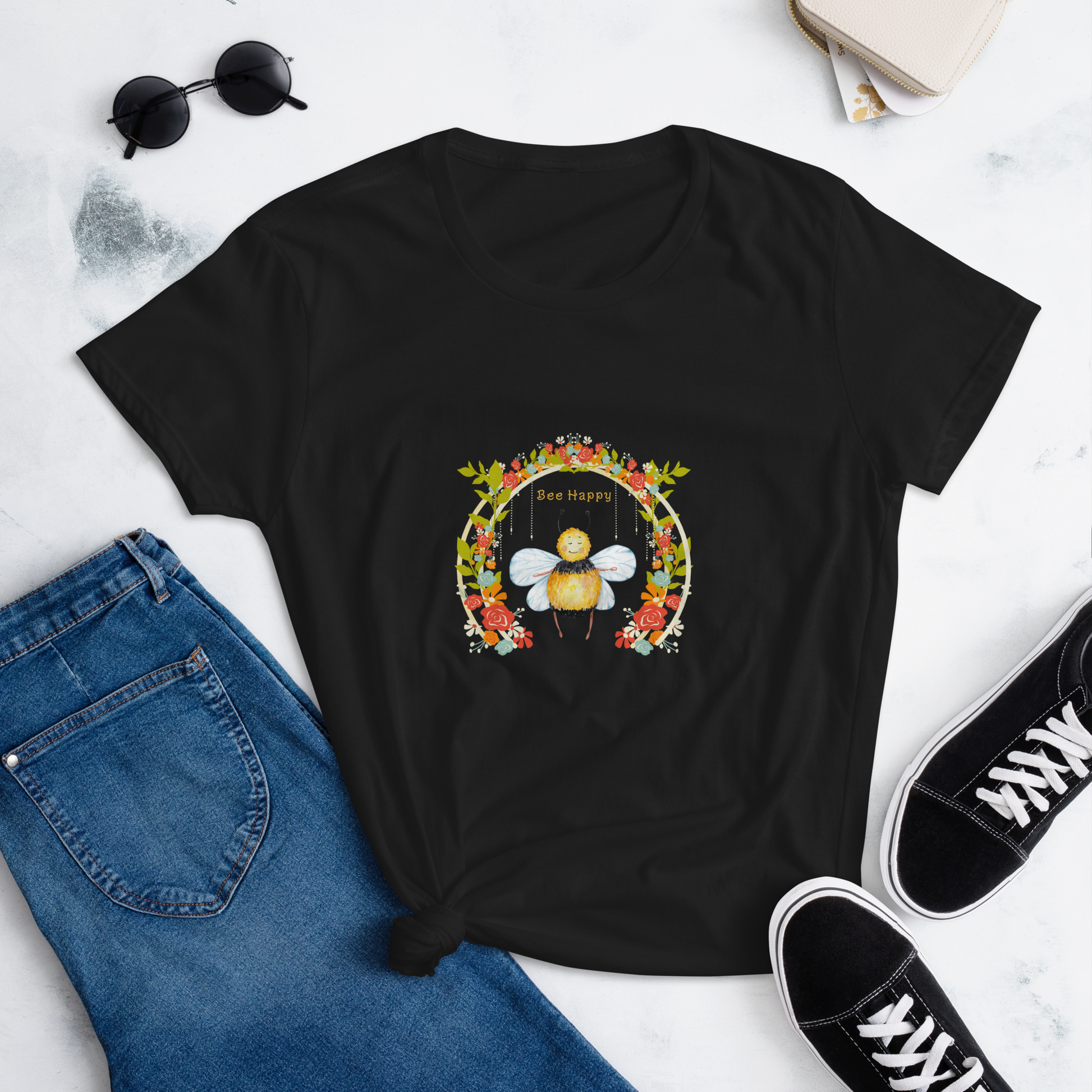 Bee Happy Women's black short sleeve t-shirt