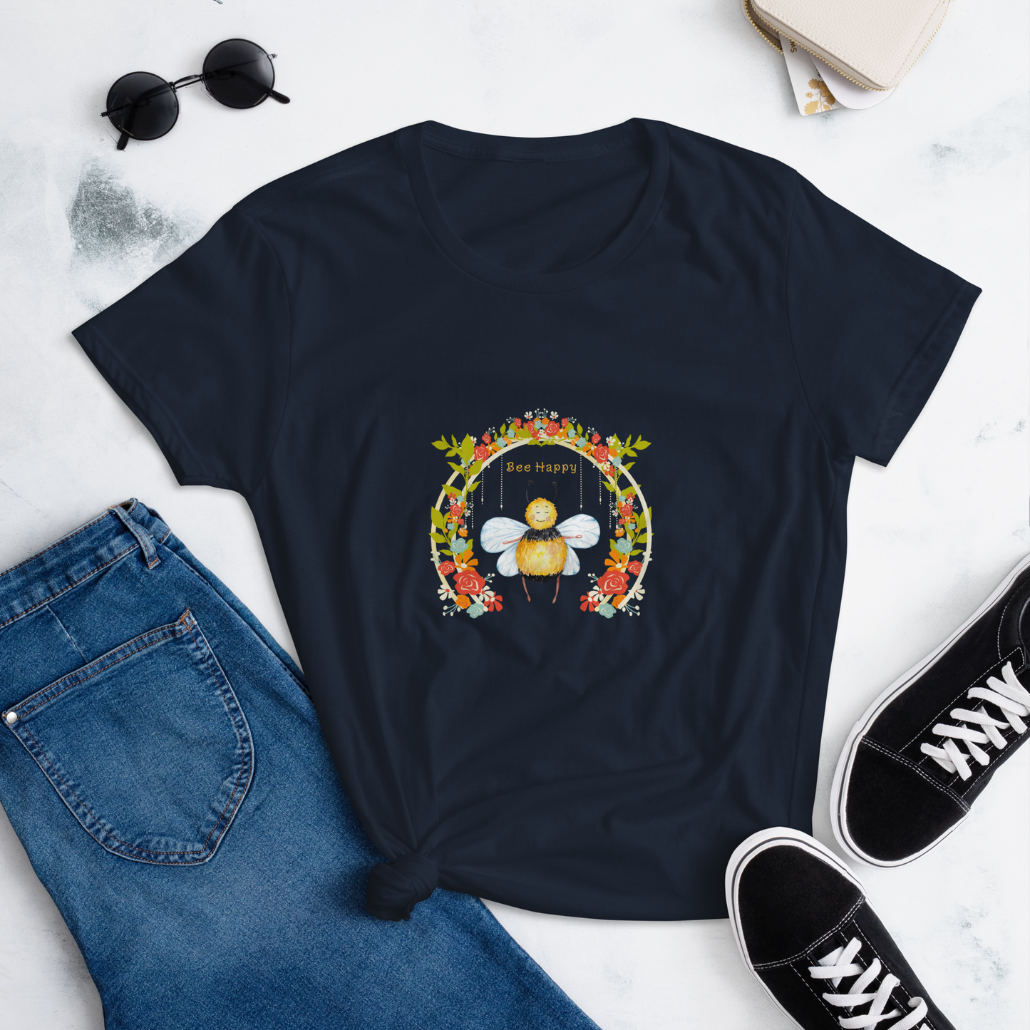 Bee Happy Women's navy blue  short sleeve t-shirt