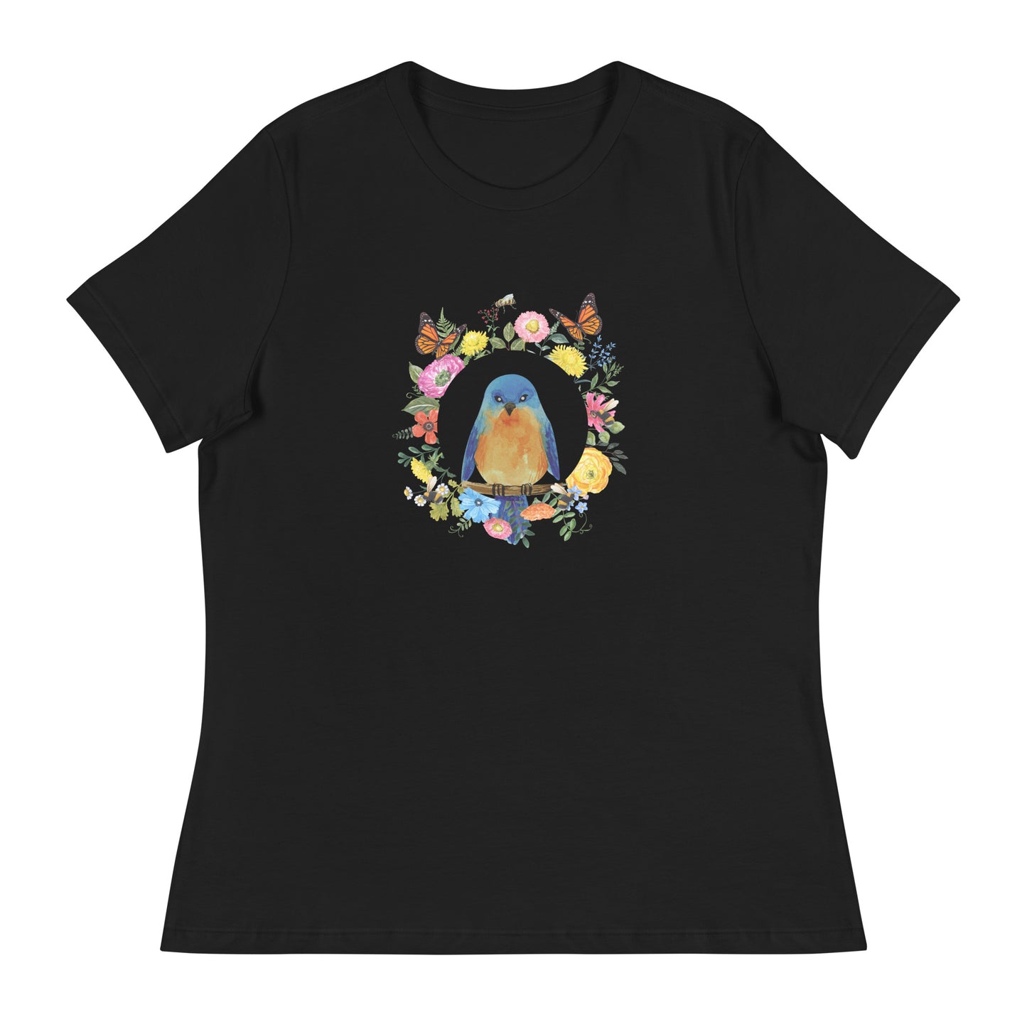 Bluebird Floral Women's black Relaxed T-Shirt