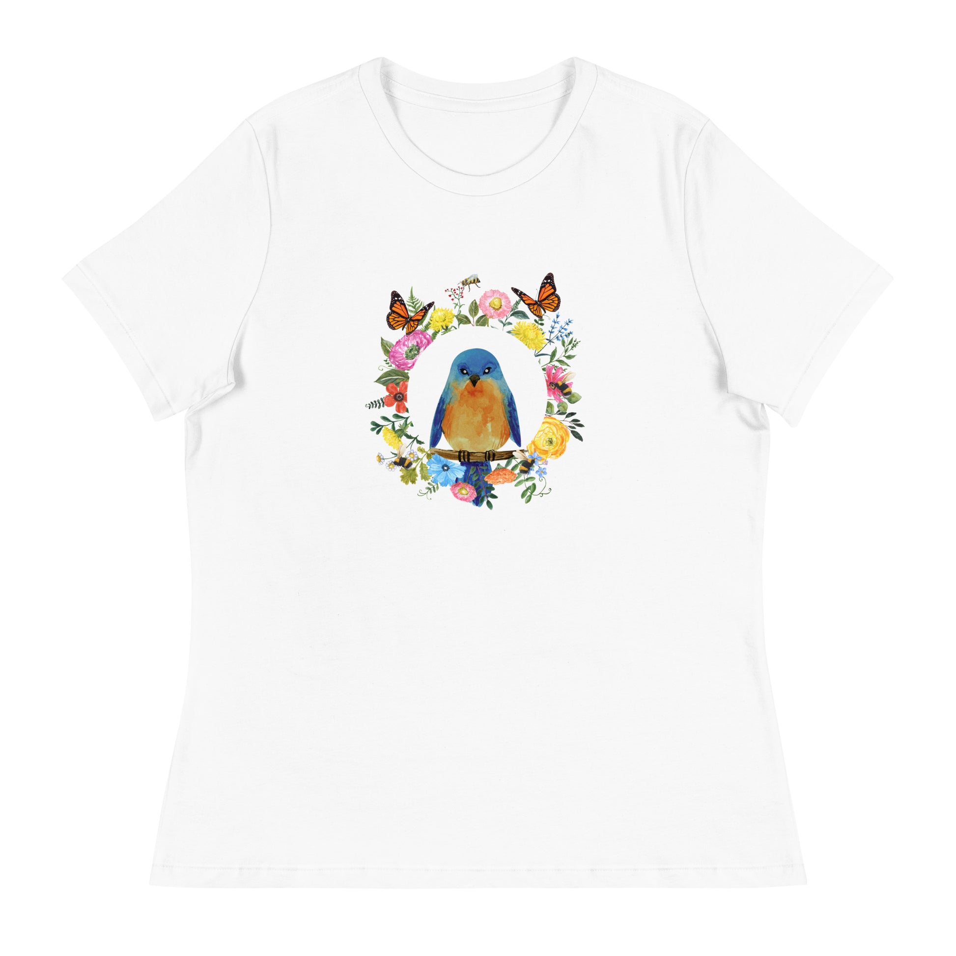 Bluebird Floral Women's White Relaxed T-Shirt